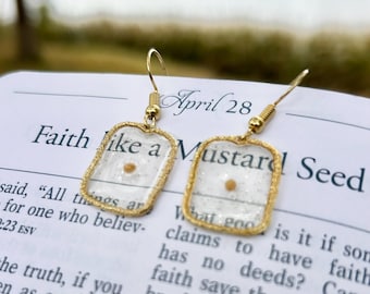 Mustard Seed Earring Faith Jewelry Gift Idea Valentine Day Christian Accessory Resin Design Gold Frame Biblical Symbol Hope Inspiration Hand