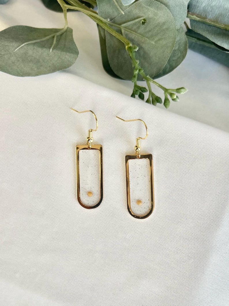 Handmade Resin Earrings Mustard Seed Design Window Shape Frame Gold Hook Details Faith Symbol Jewelry Christian Gift Collection Tiny Seed Representation Hope Inspiration Message Biblical Reference Jewelry Lightweight Comfortable Wear