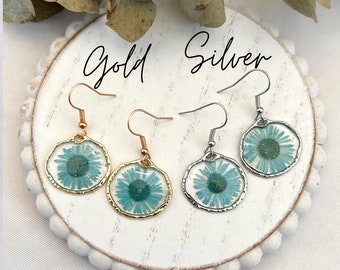 Blue Flower Earring Resin Dangle Jewelry Handmade Nature Dried Flower Botanical Accessory Unique Design Ocean Blue Lightweight Gift under 20