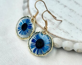 Cobalt Blue Pressed Flower Jewelry Resin Earring Handmade Pressed Flower Earring Hypoallergenic Hooks Gift for Her Unique Earring Dangle