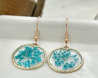 Turquoise Flower Earring Resin Botanical Jewelry Gift for Her Custom Earring Floral Design Handmade Circular Blue Dangle Hypoallergenic hook