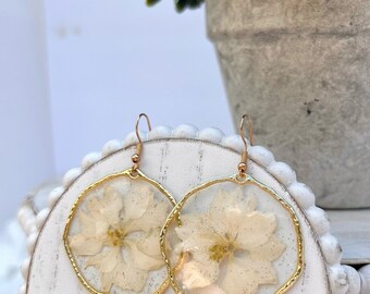 Creamy White Delphinium Earrings Flower Dangle Dried Floral Earrings Resin Jewelry Handmade Earrings Gift for Her Boho Earrings Gift for Mom
