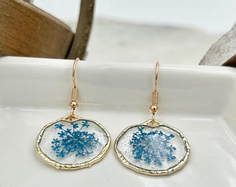 Blue Flower Earring Resin Dangle Handmade Jewelry Gift for Her Custom Floral Design Nature Inspired Botanical Jewelry Nickel Free Lead