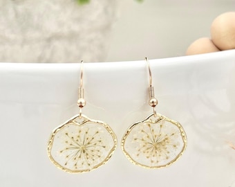 White Flower Earring Floral Design Wedding Jewelry Bridesmaid Gift Bridal Accessory Dangle Nickel Free Hypoallergenic Hooks Gold Frame