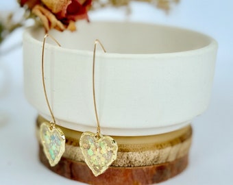 Sparkle heart earring iridescent gift for her bridesmaid gift minimalist earring handmade flower earring unique gift hypoallergenic hooks