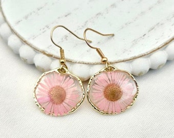 Baby Pink Pressed Flower Resin Jewelry Earring Pressed Flower Earring Hypoallergenic Hooks Gift for Her Earring Unique Resin Earring Dangle