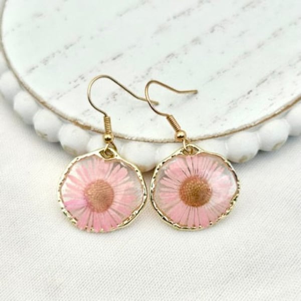 Baby Pink Pressed Flower Resin Jewelry Earring Pressed Flower Earring Hypoallergenic Hooks Gift for Her Earring Unique Resin Earring Dangle