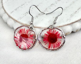 Cherry Red Pressed Flower Resin Jewelry Earring Pressed Flower Earring Hypoallergenic Hooks Gift for Her Earring Unique Resin Earring Dangle