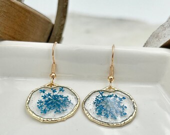 Cobalt Blue Queen Annes Lace Earring Flower Gift for Her Minimalist Earring Dangle Handmade Flower Earring Gift Hypoallergenic Earring Resin