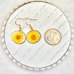 Botanical Jewelry Collection Pressed Flower Earrings Resin Design Handmade Gold Rim Dangle Earrings Real Dried Flowers Chrysanthemum Dandelion Preserved Lightweight Nature Inspired Accessory Unique Gift Idea Special Occasion Jewelry