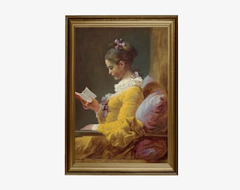 Imagen imprimible de una pintura al óleo original de 1700, Niña leyendo, Decoración de pared neutra, 9 tamaños de A2 a A6, 300 ppp