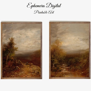 May include: Two framed landscape paintings with a rustic wood frame. The paintings depict a forest scene with a path leading through the trees. The sky is cloudy and the colors are muted.