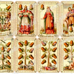Afdrukbare afbeelding Speelkaarten 4 Collage Shits Plus-pagina met achterkant Vintage Duitsland