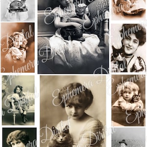 Druckbares Bild, Digital Collage, 10 Real Photo, Vintage Katzen