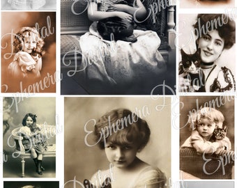 Printable image, Digital Collage, 10 Real Photo, Vintage Cats