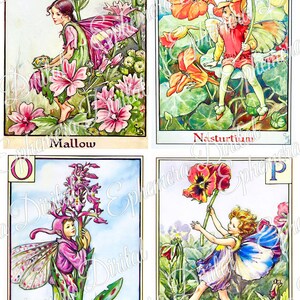 May include: A vintage alphabet print featuring fairies and flowers. Each card has a letter, a fairy, and a flower. The letters are M, N, O, and P. The flowers are Mallow, Nasturtium, Orchis, and Pansy.