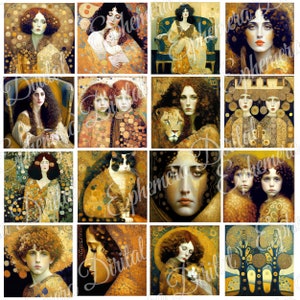 Può includere: Un collage digitale di 12 immagini con donne, animali e motivi astratti. Le immagini sono su uno sfondo di cerchi dorati e gialli. Il tema generale è l'Art Nouveau.