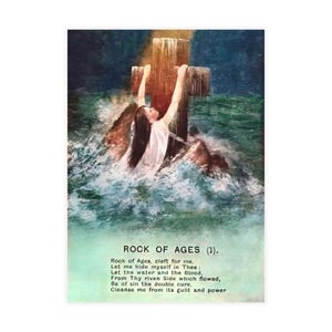May include: An artistic print depicting a woman reaching for a wooden cross emerging from water. The image has a vintage aesthetic with a color palette of blues, greens, and browns. Text at the bottom reads "Rock of Ages (1)."