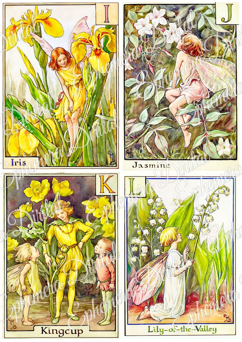 May include: Four illustrations of fairies and flowers from a children's book. The illustrations are in a vintage style and feature a fairy with wings and a flower. The flowers are Iris, Jasmine, Kingcup, and Lily-of-the-Valley. The letters I, J, K, and L are in the top corners of each illustration.
