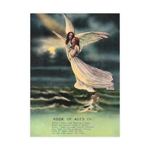 Könnte beinhalten: Vintage-Druck mit zwei Engeln in fließenden weißen Gewändern und großen Federflügeln, vor einem dunklen, stürmischen Meer und Himmel. Ein Kreuz ist im Wasser zu sehen. Der Text "ROCK OF AGES (3)" und ein Gedicht sind unten abgedruckt.