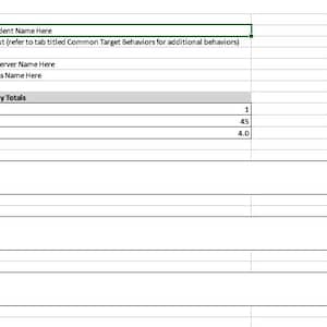 May include: A spreadsheet titled "WEEKLY BEHAVIOR SUMMARY (Auto)" with fields for student name, target behavior, week start date, observer name, and setting. Data includes weekly totals for frequency, duration, and intensity.