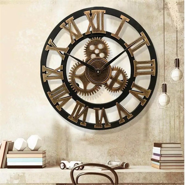 Large Retro industrial Style Wooden Wall Clock