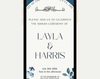 May include: A blue and white wedding invitation displayed on a smartphone screen. The invitation features the text "ALLAH THE MOST BENEFICENT, THE" in a circle with Arabic calligraphy. The invitation also includes the names "LAYLA & HARRIS" and the date "July 12th 2024".