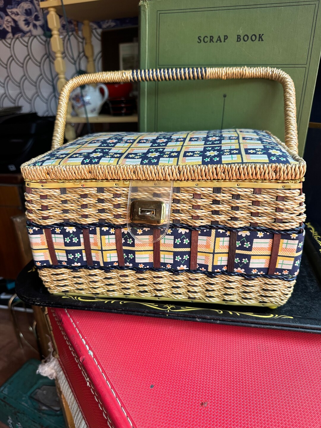 Vintage Wicker Sewing Basket Craft Storage Fabric Lined Pin Etsy