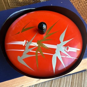 Vintage Orange Lacquer Asian/Oriental Dish with Lid and Two Small Plates Coaster Trinket Bowl Bamboo Print