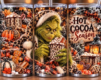 Adesivo per bicchiere a tema Grinch per la stagione della cioccolata calda (PNG), design per sublimazione autunnale/natalizio, stampa leopardata Grinchmas, download digitale, bicchieri invernali accoglienti