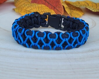 Herringbone Stitched 425 Paracord Survival Bracelet Black and Greece Blue 