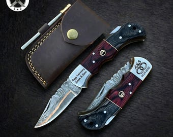 Groomsman Gift Copper Damascus Knife, Custom Engraved Pocket Knife, Wedding Gift for Men, Best Man Gift