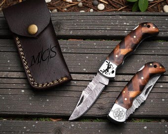 Custom Hand Engraved Pocket Knife: Olive & Rose Wood Handle