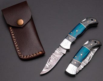 Anniversary Gift for Husband, Damascus Pocket Knife, Custom Engraved Knife for Him
