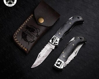 Anniversary Gift for Husband, Damascus Pocket Knife, Custom Engraved Knife for Him