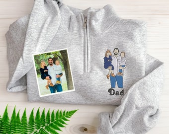 Embroidered Portrait Sweatshirt, Custom Portrait With Photo Quarter-Zip Sweatshirt, Personalized Gifts for Dad with Outline Portrait Photo