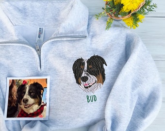 Custom EMBROIDERED Pet Quarter Zip Sweatshirt, Dog Potrait Zip Up Sweatshirt, Personalized Dog Full Zip Hoodie, Dog Mom Sweatshirt