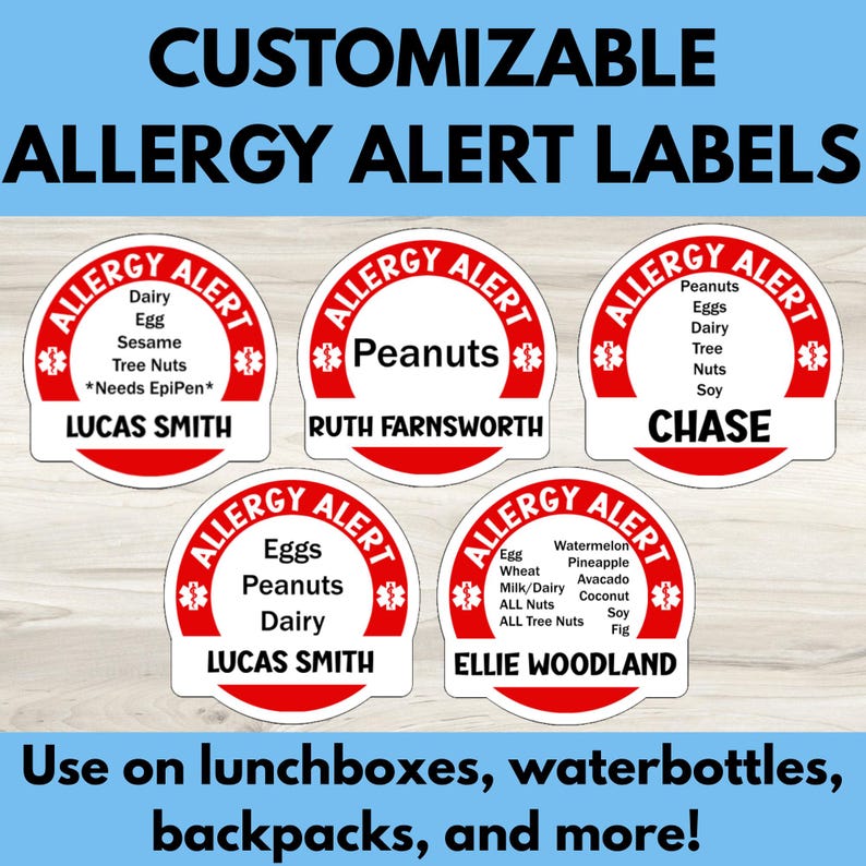 Customizable Allergy Alert Stickers: Waterproof Lunchbox, Water Bottle ...