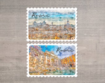 May include: Two postage stamp-shaped stickers with watercolor illustrations of Rome. One shows a cityscape with domes, the other the Trevi Fountain. The word "Rome" is written in cursive on each sticker.