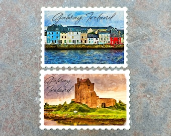 May include: Two postage stamps with the text "Galway, Ireland". One stamp depicts colorful buildings along a waterfront. The other shows a stone castle on a grassy hill. The stamps have a textured, artistic style.