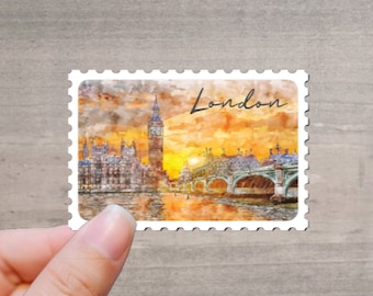 London Aquarell Briefmarken Aufkleber | Wasserfester Vinyl-Aufkleber