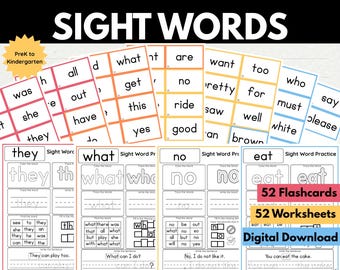 May include: A set of educational materials titled Primer Dolch Sight Words, featuring 52 flashcards and 52 practice worksheets for PreK to Kindergarten. The flashcards are color-coded in orange, yellow, and blue, while the worksheets include tracing, writing, and word-finding exercises for students.