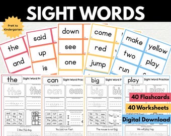 May include: A set of Pre-Primer Dolch sight words educational materials including flashcards with words like the, and, said, up, is, down, see, one, come, red, jump, make, two, yellow, play, and run, alongside practice worksheets for word tracing.