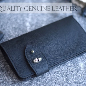 Embrague de cartera hecho a mano de cuero negro para hombres moteros, regalo de motocicleta de motociclista para hombre, diseño de scull, accesorios de cuero genuino, en una caja de regalo