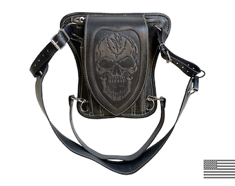 Biker bag Motorcycle leather black bag Leg Handmade Black leather hip bag Skull, Biker's leather waist vintage bag Skull Gift for biker