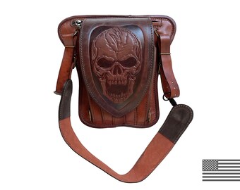 Bikers leather Leg Bag, Leg Bag skull, Gift for biker, travel biker bag, Leather Bag Skull, Handmade Leather Bag, Handmade Bag Skull, Skulls