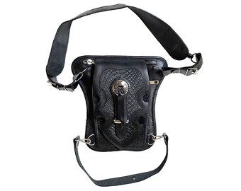 Biker bag Motorcycle leather black bag Leg Handmade Black leather hip bag Skull, Biker's leather waist vintage bag Skull Gift for biker