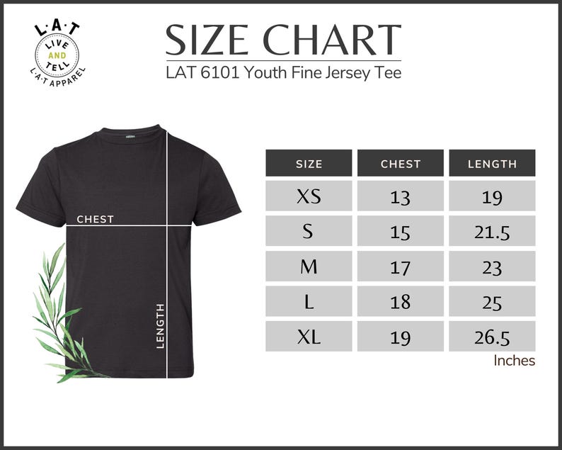 Może przedstawiać: Czarna koszulka LAT 6101 Youth Fine Jersey z tabelą rozmiar&oacute;w. Tabela zawiera wymiary klatki piersiowej i długości w calach dla rozmiar&oacute;w od XS do XL. Koszulka ma okrągły dekolt i kr&oacute;tkie rękawy.