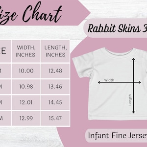 Może przedstawiać: Biały t-shirt z cienkiej dzianiny dla niemowląt z tabelą rozmiar&oacute;w. Tabela pokazuje wymiary w calach dla rozmiar&oacute;w od 6M do 24M. T-shirt oznaczony jest jako "Rabbit Skins 3322".