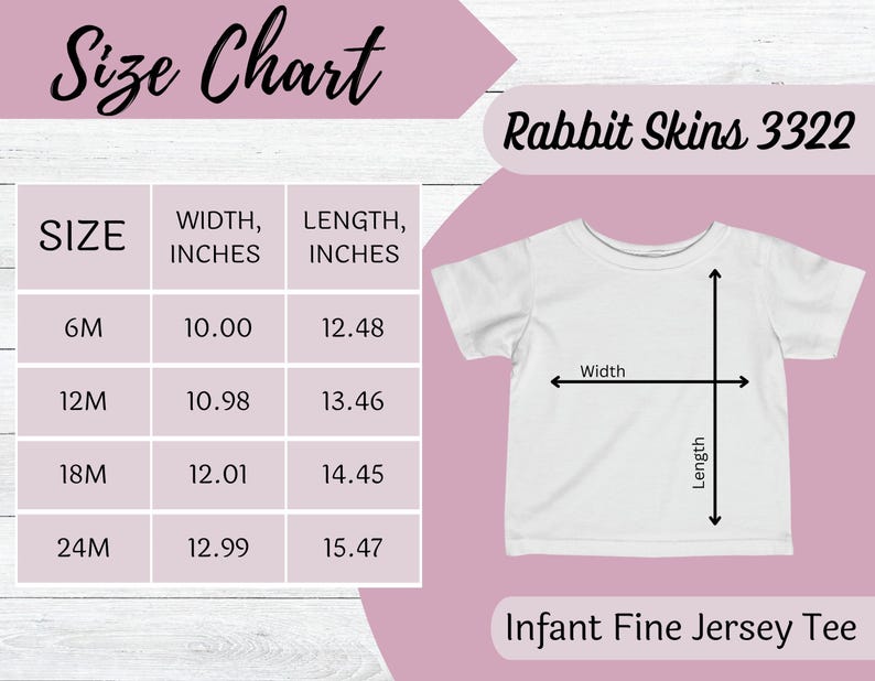 Może przedstawiać: Biały t-shirt z cienkiej dzianiny dla niemowląt z tabelą rozmiar&oacute;w. Tabela pokazuje wymiary w calach dla rozmiar&oacute;w od 6M do 24M. T-shirt oznaczony jest jako "Rabbit Skins 3322".